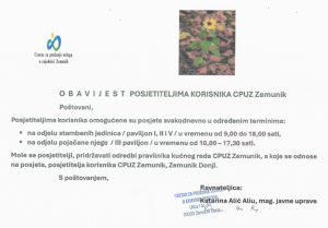 OBAVIJEST POSJETITELJIMA KORISNIKA CPUZ ZEMUNIK