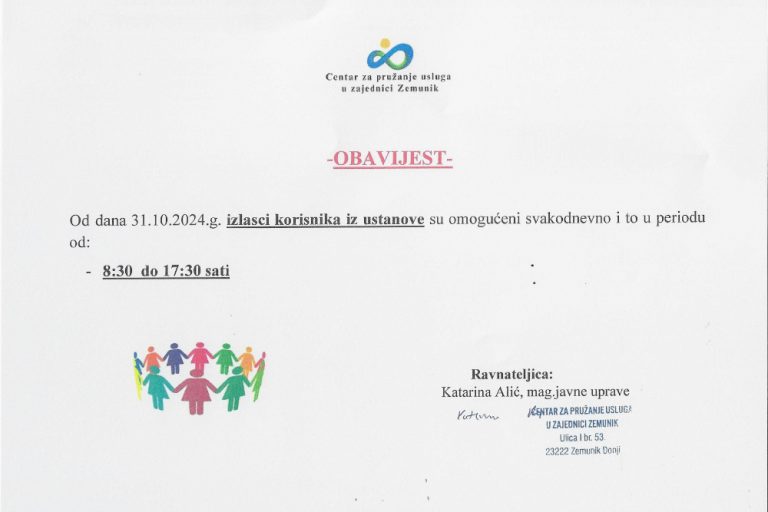 Od dana 31.10.2024. godine izlasci korisnika su omogućeni svakodnevno i to u periodu od 8:30 do 17:30 sati
